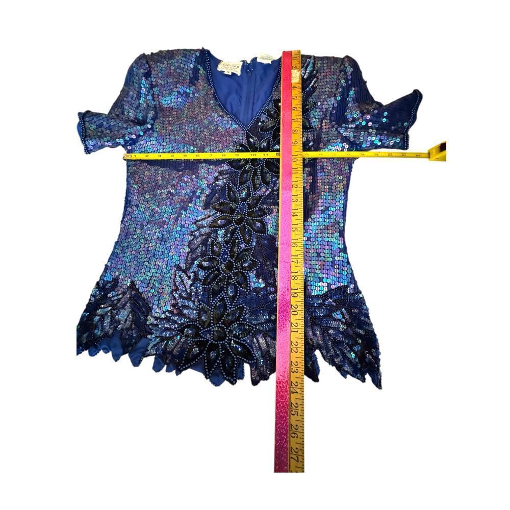 VTG Stenay Sequin‎ Beaded Floral Top Women’s Size Small Blue Black Short Sleeve - Picture 3 of 4
